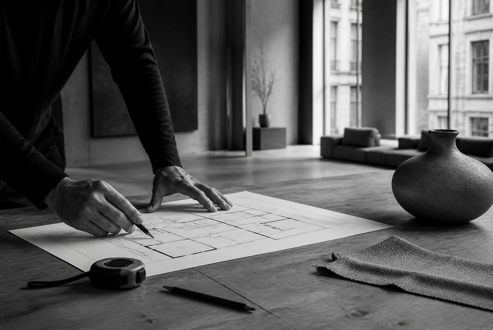 Interior consultation over a floor plan with material samples