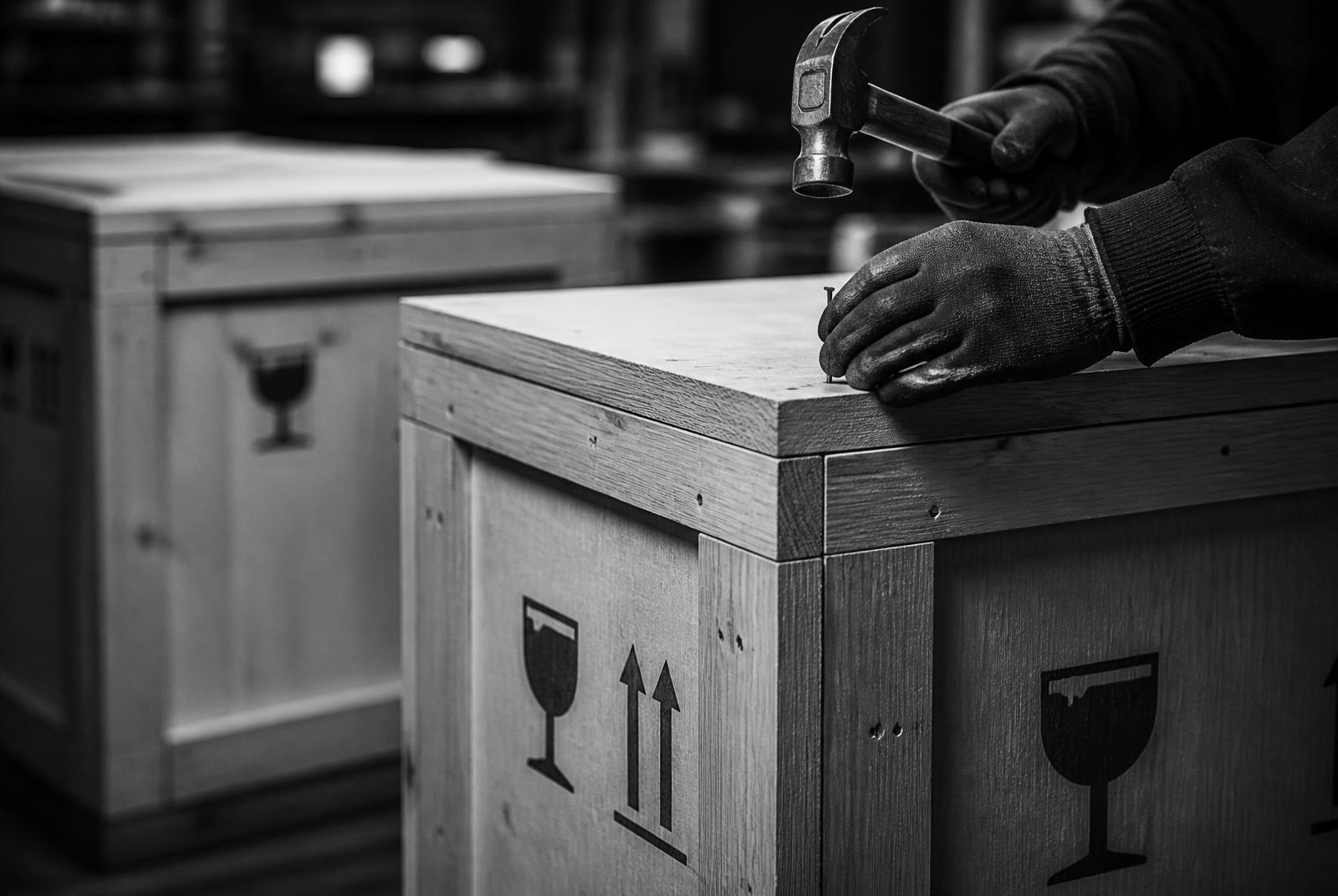 Museum-grade wooden shipping crate being sealed in the Antwerp workshop